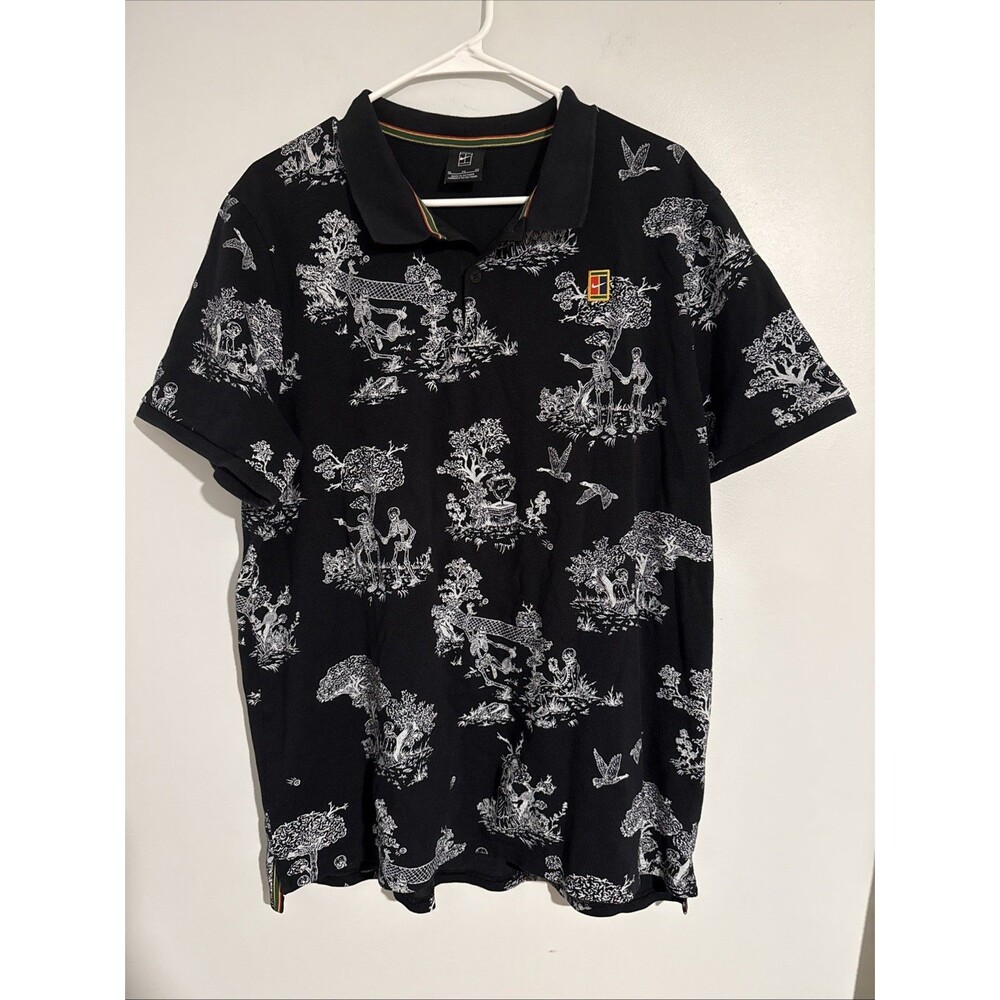Nike Andre Agassi Tennis Court Polo Shirt Black Skeleton All Over Print Size XL